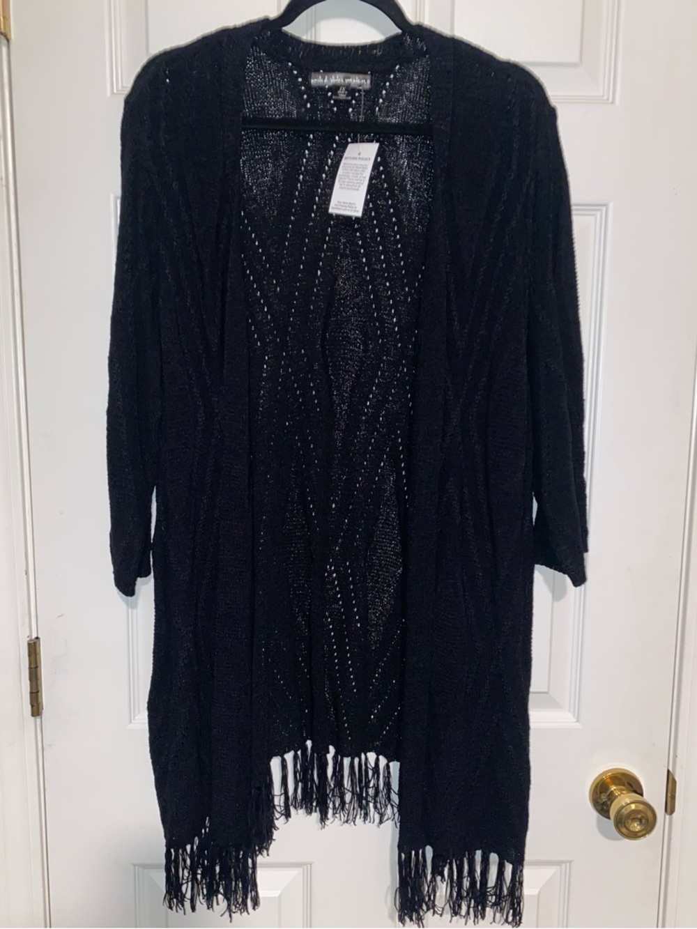 united states sweaters Black Open-Front Fringe Knit Cardigan